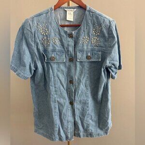 Vintage 80s/90s Western Embellished Denim Shirt Jacket Shir Short Sleeve Size M